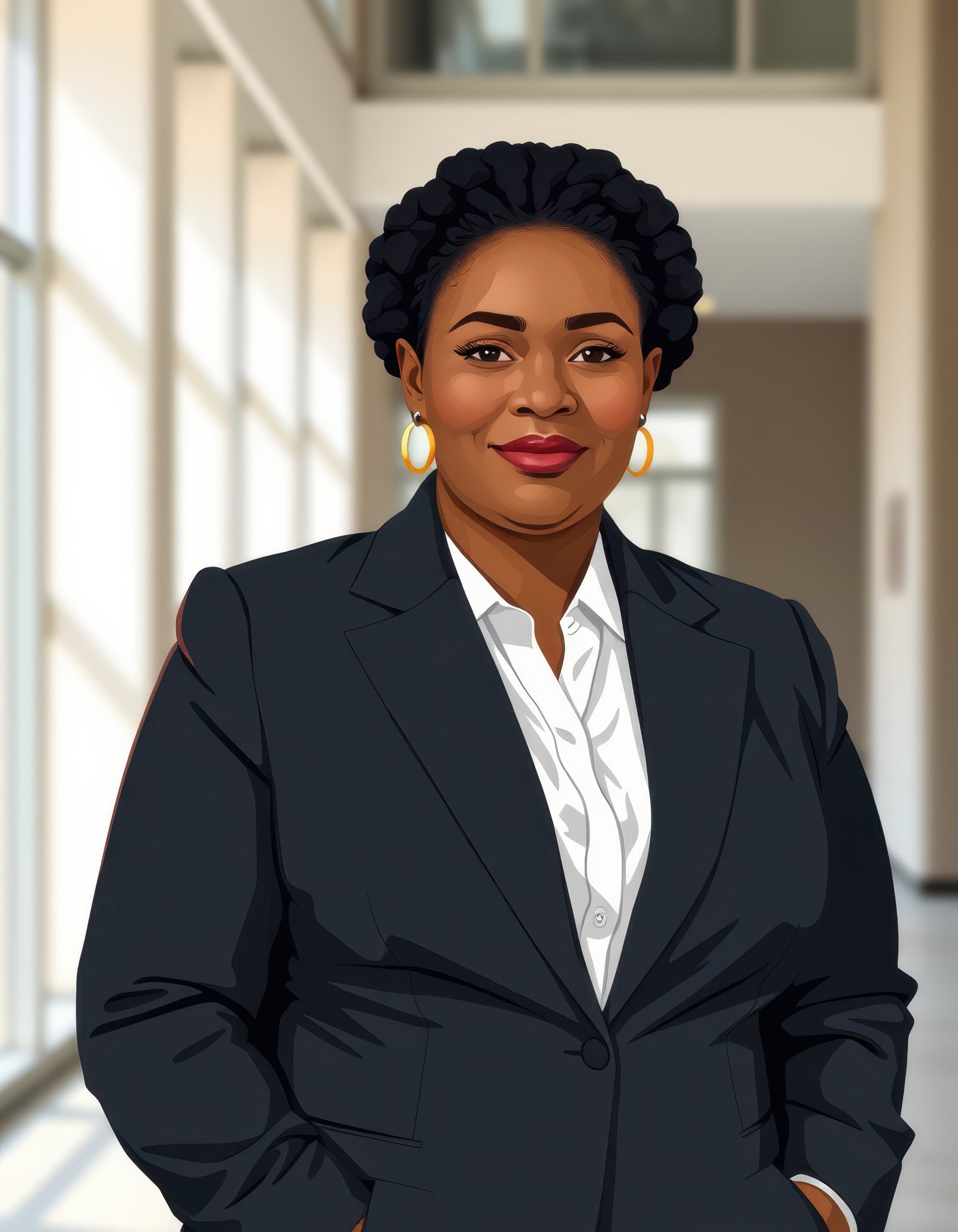 A woman in a black suit stands in a hallway with a confident smile